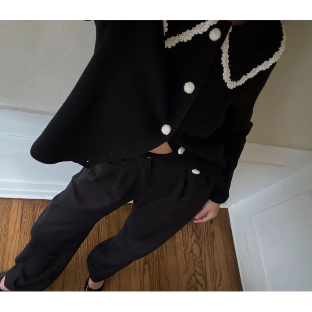 SEZANE BLOGGER Black White Fine Knit Bettany Cardigan Crochet Collared Sweater - Picture 11 of 16
